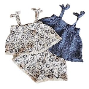 Organic Crinkle Cotton Size 5, 6 Ivory Blue Flowers Short Set Blue Tank Top Boho